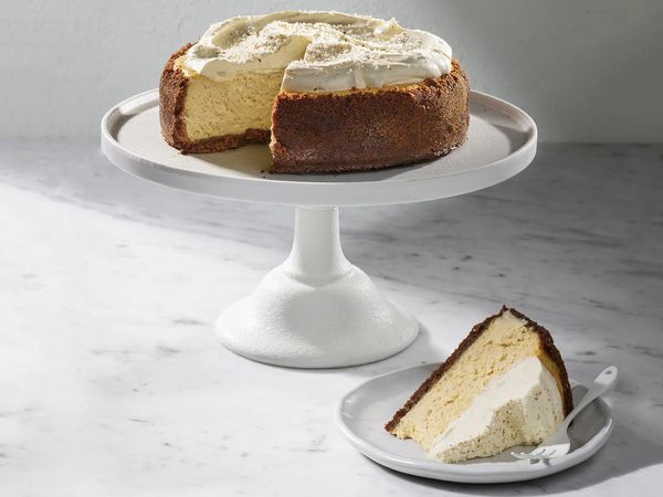 Eggnog cheesecake on a serving platter