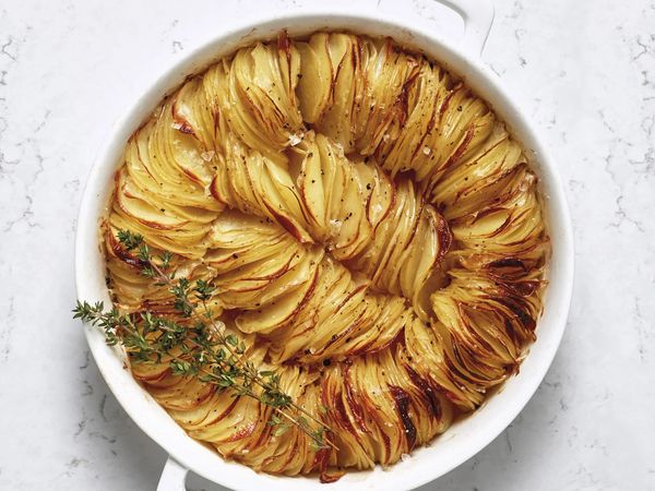 Layered truffle potatoes in a bowl