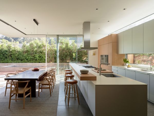 The open kitchen in David Montalba's private Santa Monica residence, featuring Gaggenau appliances.