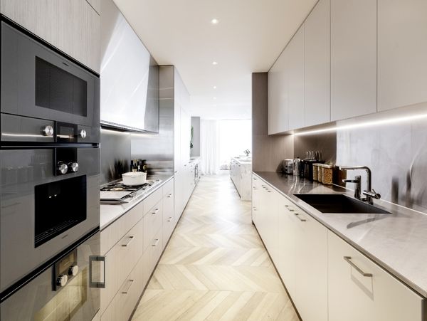 Gaggenau appliances installed in a luxury galley style kitchen