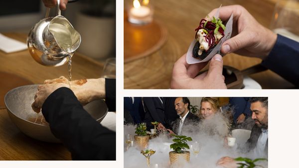 Collage of guests enjoying food, washing chocolate from their hands, and laughing as fog floods the table.