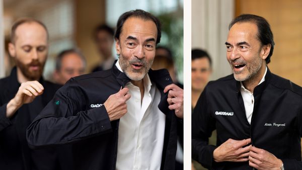 Two images of Chef Alain Verzeroli receiving his Black Jacket, smiling widely.