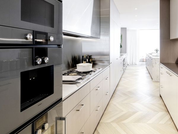Gaggenau appliances installed in a luxury galley style kitchen