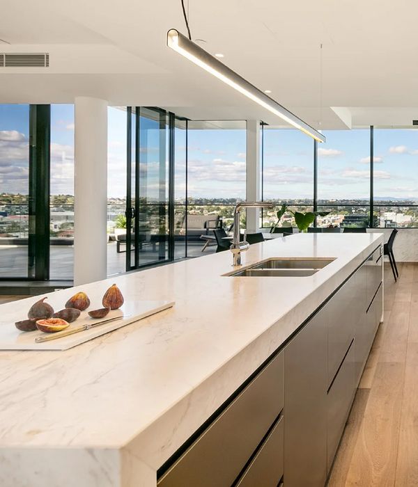 Gaggenau appliances installed in a bright luxury kitchen with a view out across the city