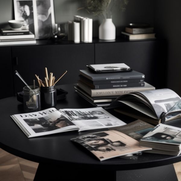 Stue med brochurer, blade og bøger på et bord