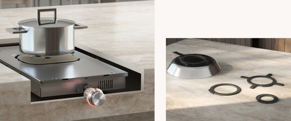 A collage of a kitchen island cutaway that reveals the unseen induction cooktop mechanism underneath and the removable surface protectors for cookware