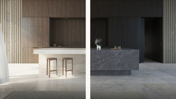 En collage af tre billeder, der hver viser en del af en stor luksuskøkkenø og de forskellige tilgængelige materialestile