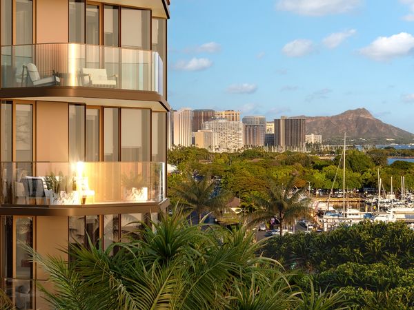 A view of the Ālia 888 Ala Moana development showing its view over the coast and harbour.