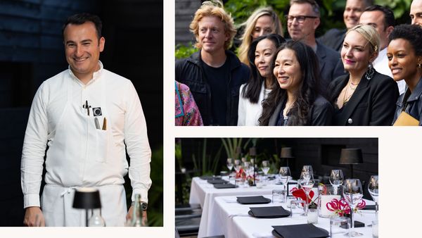 Collage featuring chef Val Cantu, guests, and the lovely table setting of Californios. 