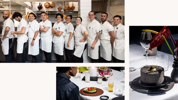 A collage featuring the Californios kitchen staff smiling and standing together, guests enjoying their meal, and chef Cantu's Chilapita—a masa tart. 