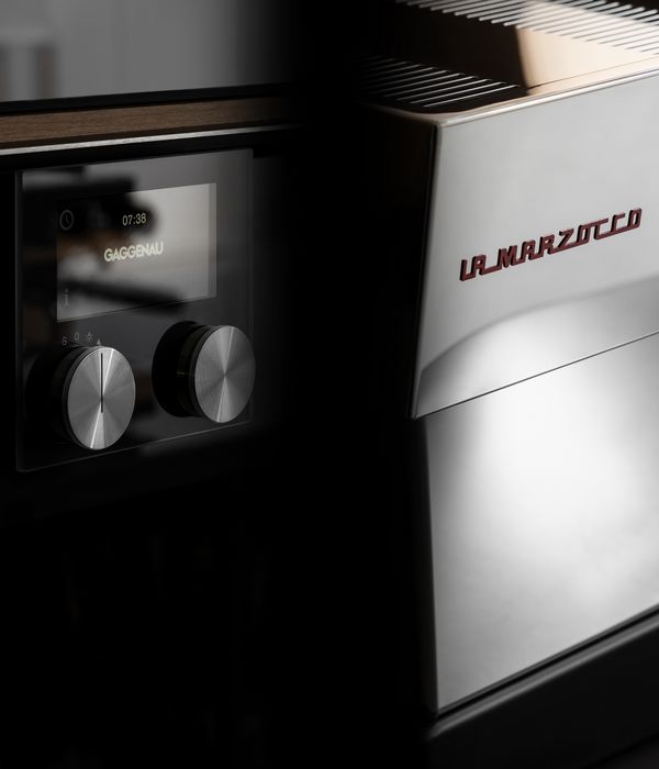 Collage showing a Gaggenau oven display and a La Marzocco coffee machine