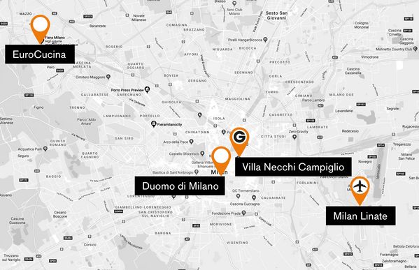 Kuvitettu kartta näyttää EuroCucinan, Duomo di Milanon, Villa Necchi Campiglion ja Milanon Linate-lentokentän sijainnit.