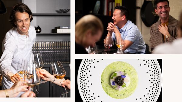 Collage featuring chef Fredrik Berselius making a toast, chef Yuan Tang laughing, and a beautifully plated dish.