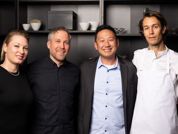 Group photo of the chefs present: Emma Bengtsson, Johnny Spero, Yuan Tang, and Frederic Berselius.