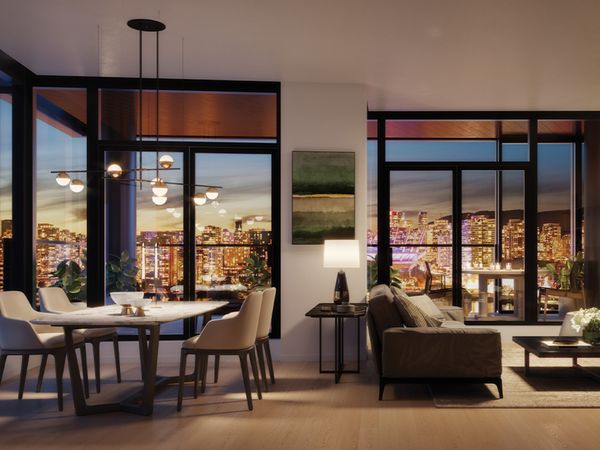 A night view of the living space in the Tesoro development