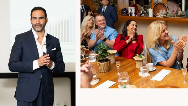 Left image: Dr. Daniel Langer presenting to guests. Right image: Attendees applauding at Elcielo. 