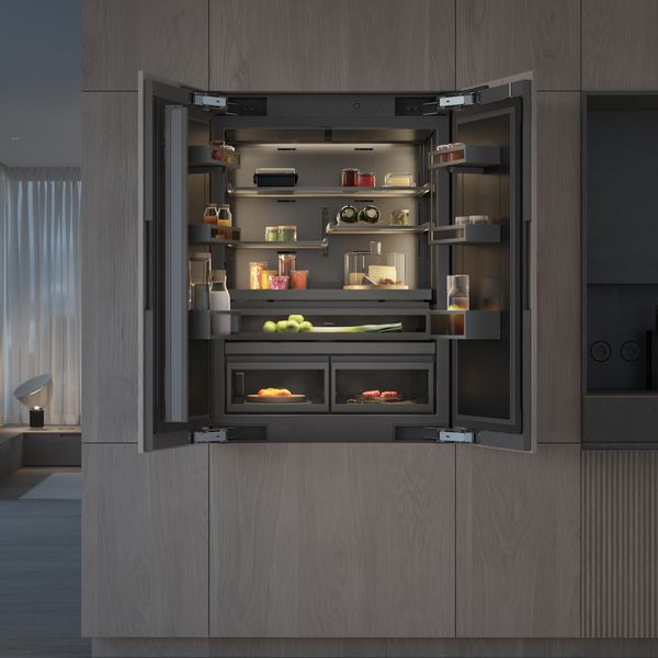 Luxury kitchen containing a 35 inch Gaggenau LUX cooling appliance with French doors