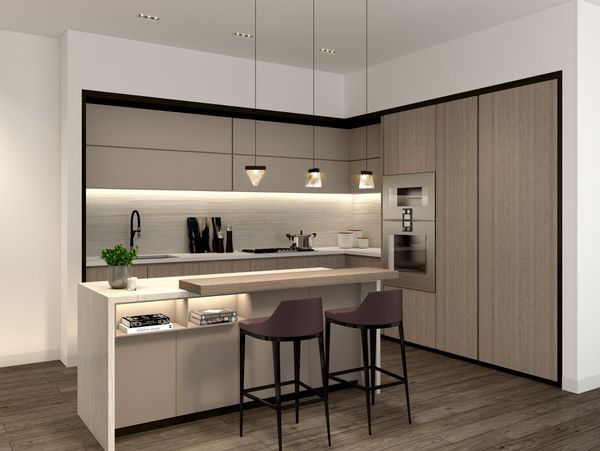 Avenue Bellevue nickel scheme luxury kitchen shown with Gaggenau appliances
