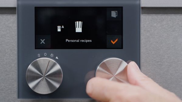 Close-up of Gaggenau oven display, with user selecting the Personal recipes menu
