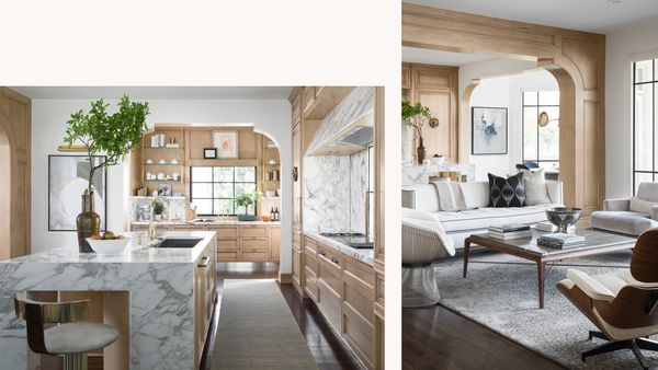 Image collage consisting of Laura McCroskey’s Kansas City home, bringing Gaggenau into an elegant Traditional space. The kitchen features Gaggenau induction cooktop, gas cooktops, and multiple ovens. Brass details complement the French-inspired interior. Photography by Nate Sheets. 