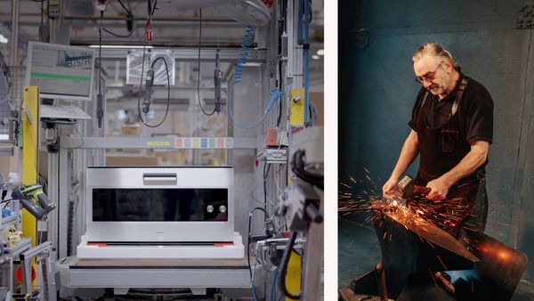 Collage featuring an EB333 oven being assembled, as well as the Gaggenau blacksmith forging a nail in a shower of sparks. 