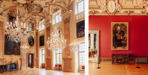 Collage featuring an extravagant painting gallery within the Schloss Rastatt Residential Palace, as well as a close-up of the portrait of Gaggenau founder Margrave Louis William of Baden-Baden 