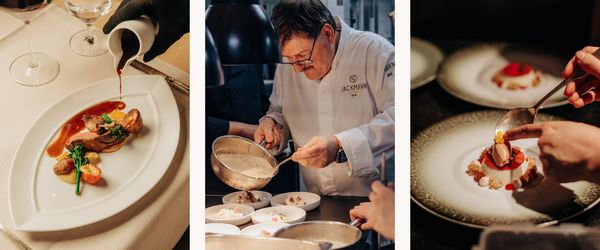 Collage depicting some of the beautiful dishes served at the Hotel Sackman, and an image of chef Jörg Sackmann carefully preparing food for guests. 