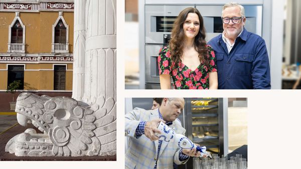 A collage featuring an image of a Mexican sculpture, Newell Turner and Lara Hollack smiling together, and Clase Azul tequila being served. 