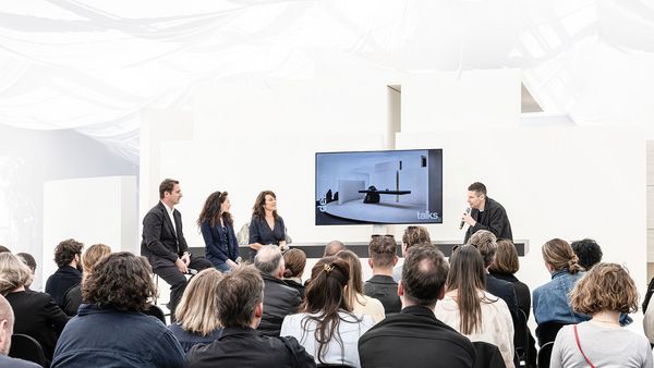 Reduction in design discussion with Dezeen’s Max Fraser moderating and panel members Zaha Hadid Architects associate director Johannes Schafelner, Industrial Facility founder Kim Colin and SOM interiors lead Francesca Portesine.