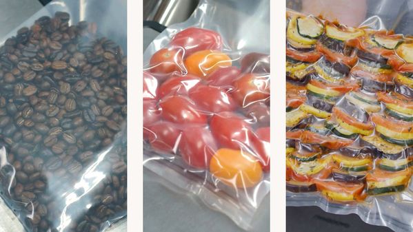 Image collage of the Gaggenau vacuum drawer sealing bags containing coffee beans, whole vegetables and marinated vegetables 