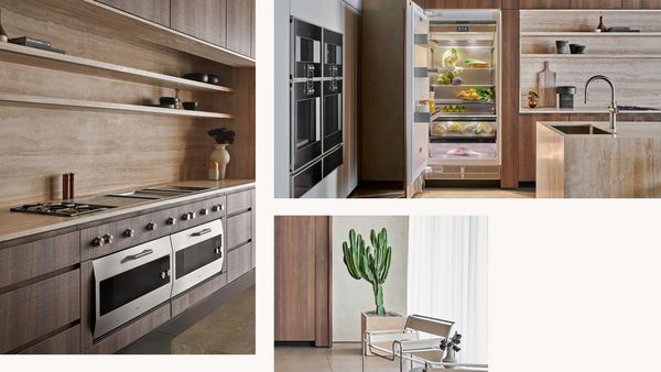 A collage depicting several areas of the Houston showroom, highlighting the unique range setup with EB 333 ovens underneath, a lavishly-filled refrigerator, and the iconic cactus in the corner bringing a burst of Texas flair. 