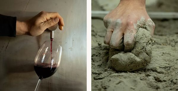 A collage featuring Bodegas Verum being poured, and a hand grabbing a chunk of unshaped clay. 