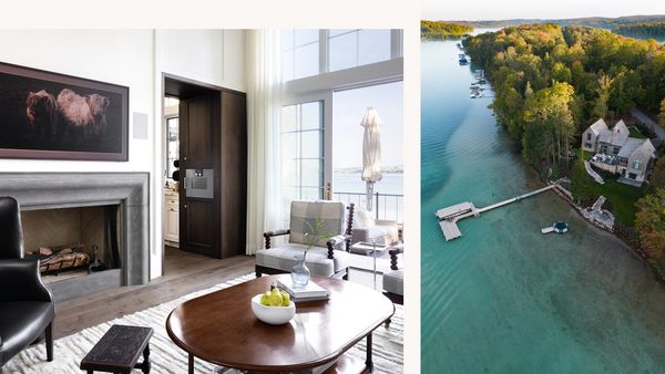 A collage featuring an image of one of Tolles' airy living areas, next to a gorgeous aerial shot of the house beside the bright blue lake. 