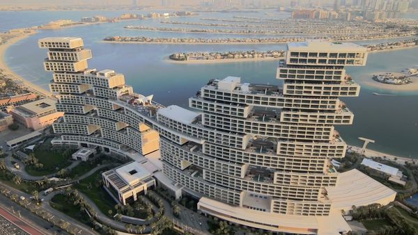 Aerial view of Palm Jumeirah in Dubai in late afternoon