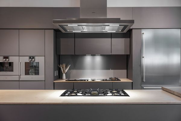 Close-up of Gaggenau vario 400 series gas cooktops in the Irvine flagship showroom