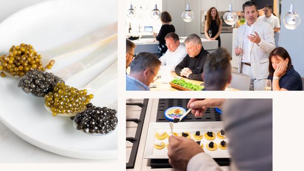 A collage of guests sampling Petrossian caviar, while being treated to an in-depth explanation by Christopher Klapp. 