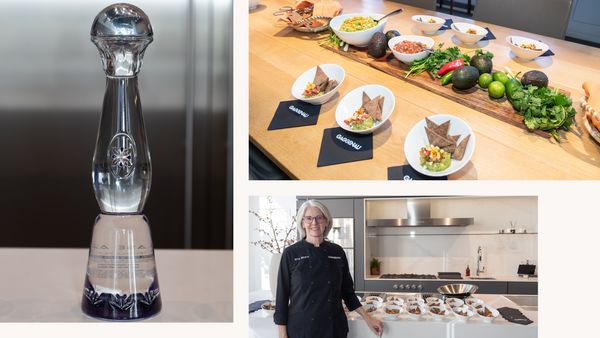 Collage featuring Clase Azul tequila, delicious guacamole and buckwheat crackers, as well as chef Amy Alcorn posing for the camera. 