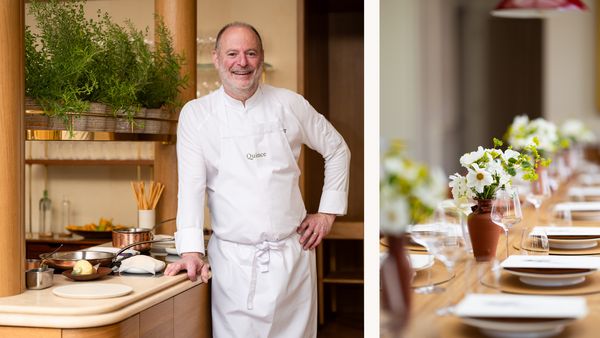 Collage featuring Chef Michael Tusk leaning proudly against a counter, as well as the delicate table setting at Officina. 