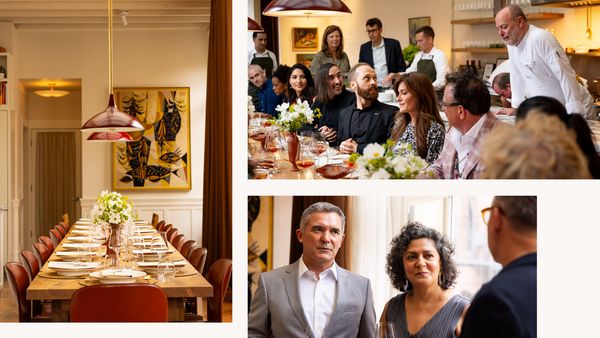 Collage featuring the exquisite tablesetting at Officina and guests chatting. 