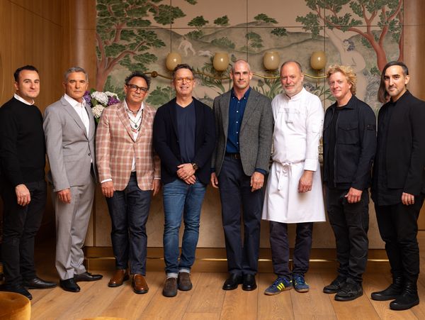 The full group of chefs honored at the evening's event: Val Cantu, Tony Esnault, Josiah Citrin, William Bradley, Teague Moriarty, Michael Tusk, Justin Cogley, and Jordan Kahn. 