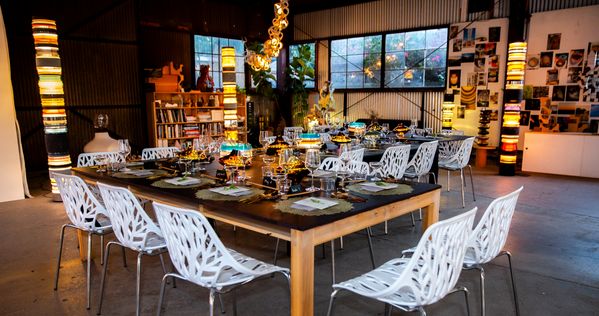 The delightfully intricate tablescape set up in the middle of Matt Gagnon's studio space.