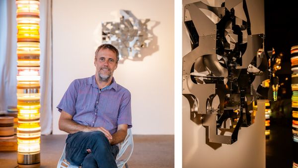 Left: Matt Gagnon sitting and smiling in front of some of his work. Right: A close-up shot of one of Matt's pieces, a metal sculpture with rigid lines and angles. 