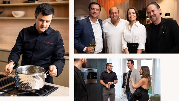 Collage featuring chef James Friedberg preparing food in the showroom kitchen, as well as guests posing for the camera. 