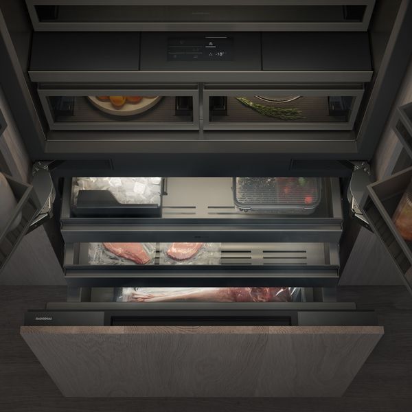 View showing the state-of-the-art chilled drawer, climate drawer and freezer compartment in the Gaggenau New Generation of Cooling appliance