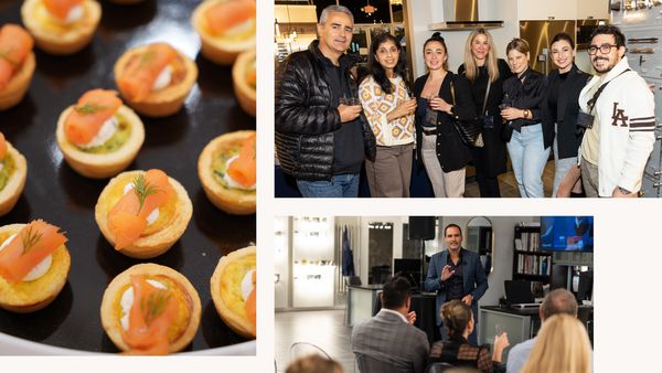 A collage featuring images of guests as well as the delicious canapés served at one of the events. 