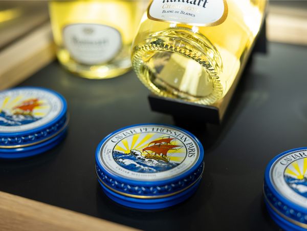 Petrossian caviar and Ruinart champagne on artful display. 