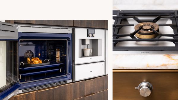 Collage featuring a chicken roasting in Jan's Gaggenau oven, and a close-up of her cooktop. 