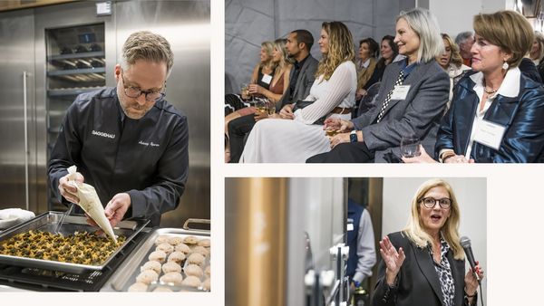 Collage featuring chef Johnny Spero preparing food, guests listening intently, and speaker Amy Taylor of BSH discussing Gaggenau appliances. 