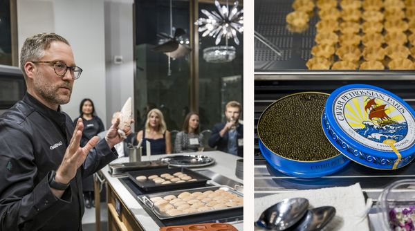 A collage depicting chef Johnny Spero speaking to guests, as well as a tin of Petrossian caviar. 