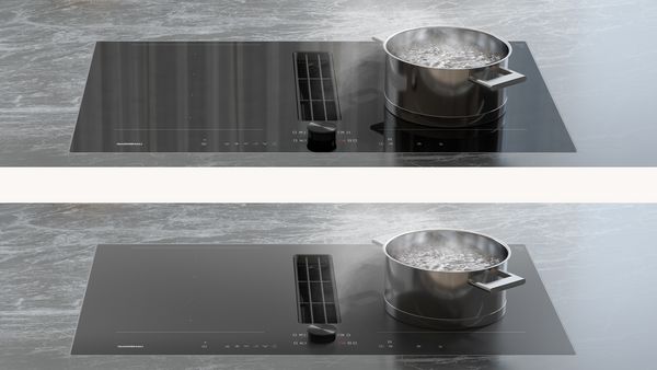 Close-ups of the 80cm Gaggenau 200 series flex induction cooktop with integrated ventilation in a matte and gloss finish